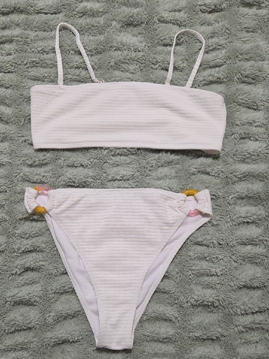 Cabana Del Sol Other - Women's White Textured Bandeau Bikini Set with Ring Accents